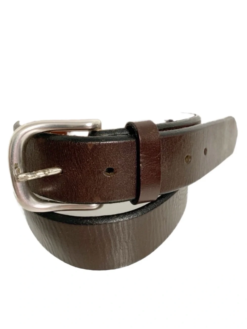 Fossil Textured Leather Belt Silver Toned Hardware Logo Plaque Size 36 Brown 🟫